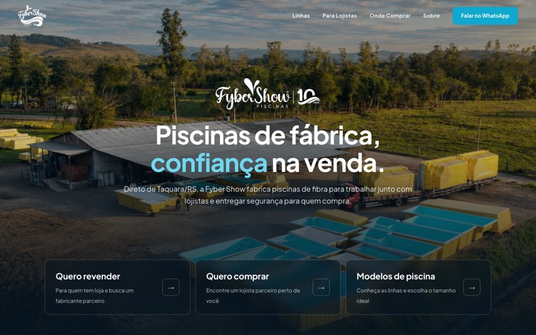 Home da Fyber Show com os caminhos para revender, comprar e ver modelos de piscinas